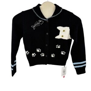 NWT Cider Cardigan Women L Black Cat Fishbone Pawprint Graphic  Quirky Preppy